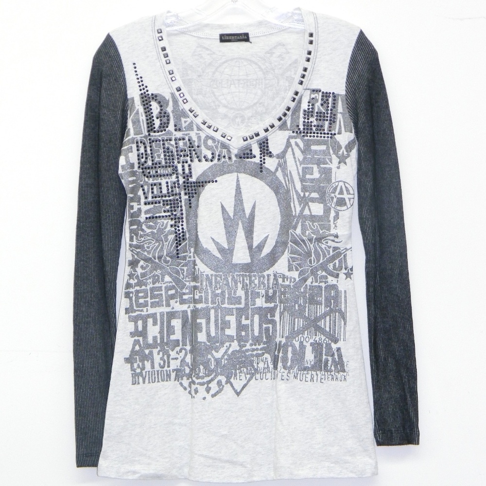 NWT Libertalia Deep V-Neck Metalic Printed Top